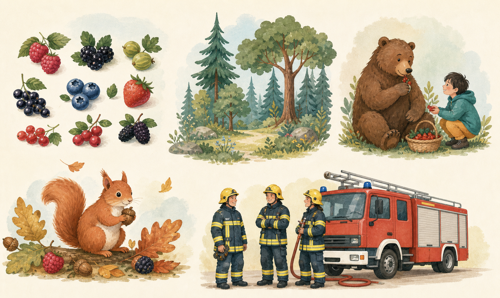 Beeren, Wald, Bär, Eichhörnchen und Feuerwehr